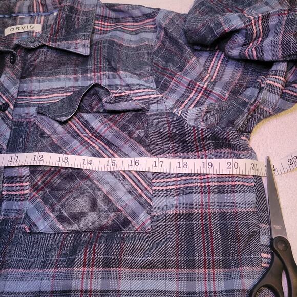 ORVIS Lodge Women's Medium Flannel Shirtdress Plaid Blue Pink Front Button-up - Picture 5 of 8